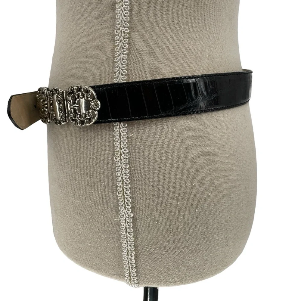 Fossil Black Croco Embossed Cowhide Belt Scrolled Silver Tone Accents/Buckle - L